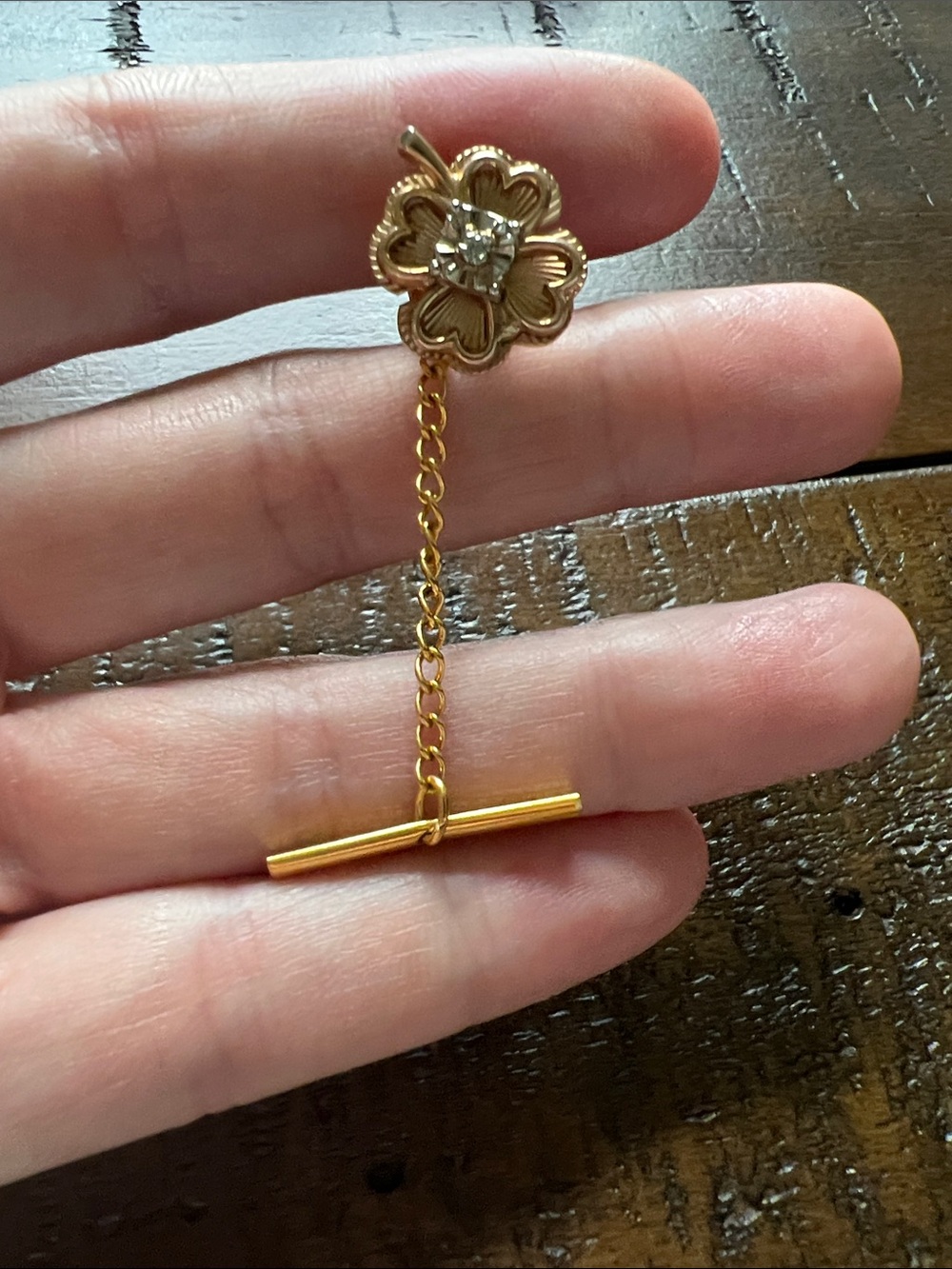 Gold Four-Leaf Clover Tie Pin with Crystal Accent